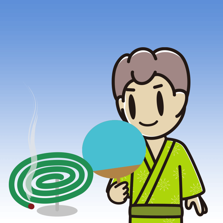 蚊取り線香を使う男子中学生のイラスト【色、背景あり】PNG