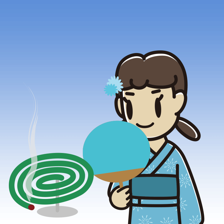 蚊取り線香を使う女子中学生のイラスト【色、背景あり】PNG