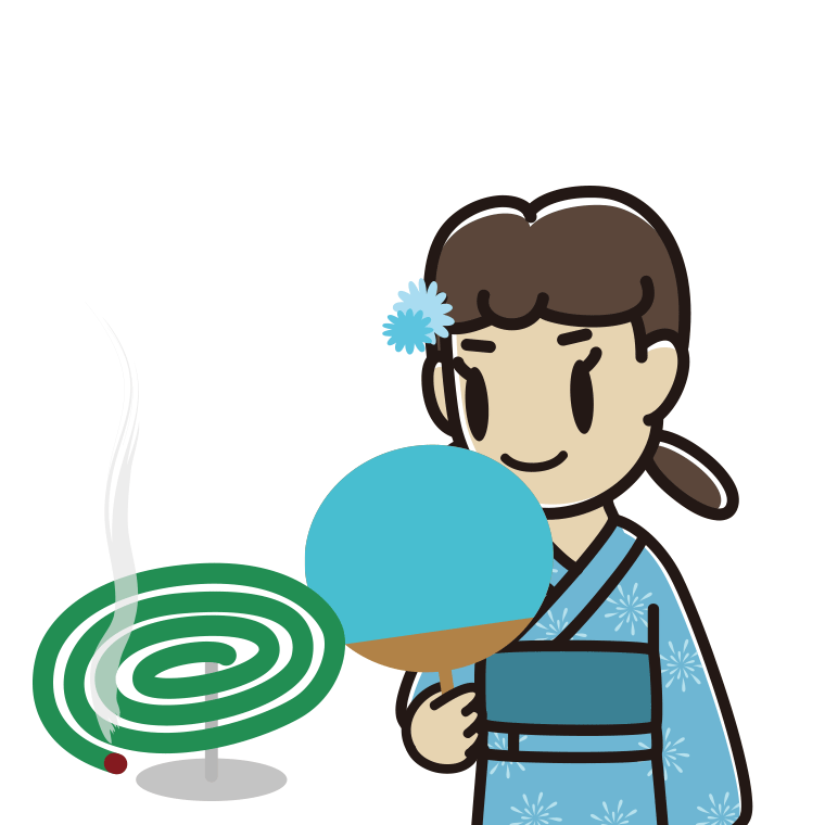 蚊取り線香を使う女子中学生のイラスト【色あり、背景なし】透過PNG