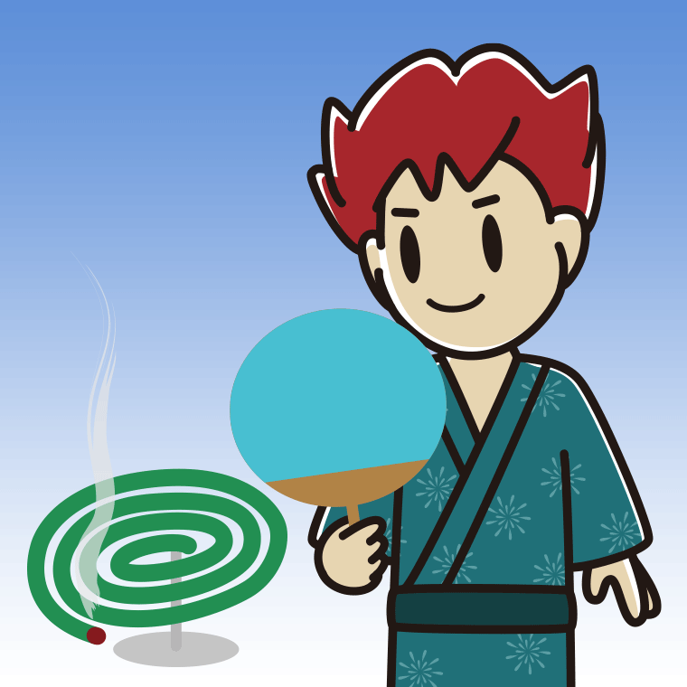 蚊取り線香を使う男子大学生のイラスト【色、背景あり】PNG