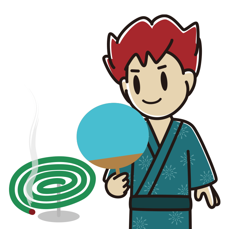 蚊取り線香を使う男子大学生のイラスト【色あり、背景なし】透過PNG
