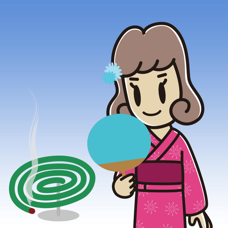 蚊取り線香を使う女子大学生のイラスト【色、背景あり】PNG