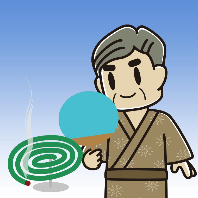 蚊取り線香を使うおじさんのイラスト【色、背景あり】PNG