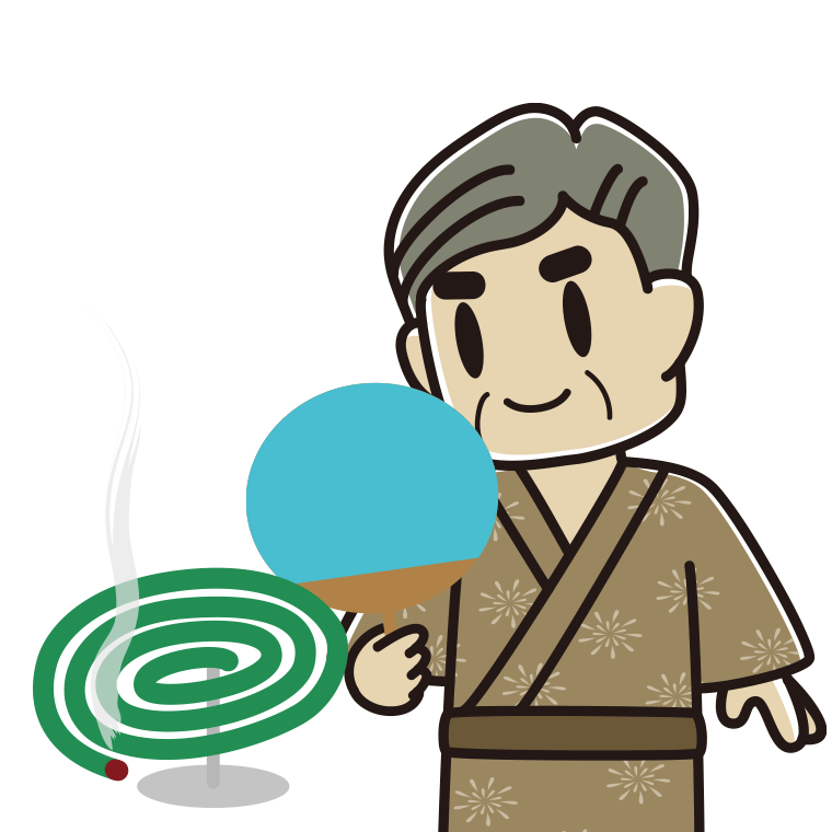 蚊取り線香を使うおじさんのイラスト【色あり、背景なし】透過PNG