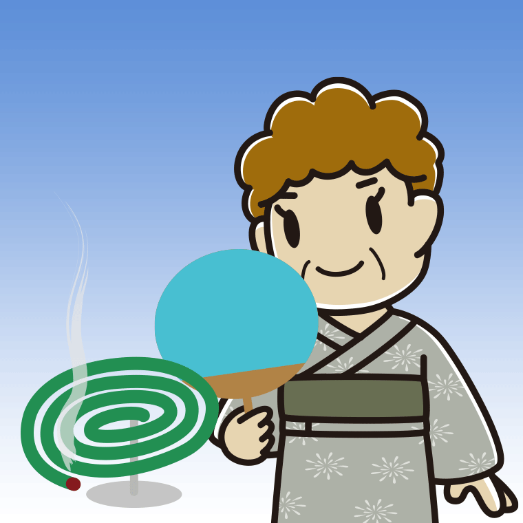 蚊取り線香を使うおばさんのイラスト【色、背景あり】PNG