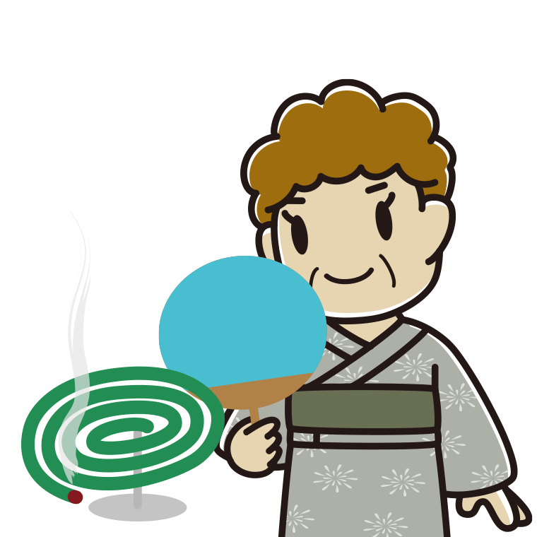 蚊取り線香を使うおばさんのイラスト【色あり、背景なし】透過PNG