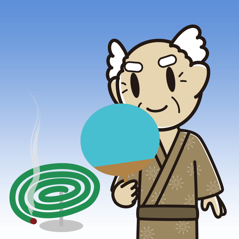 蚊取り線香を使うおじいさんのイラスト【色、背景あり】PNG