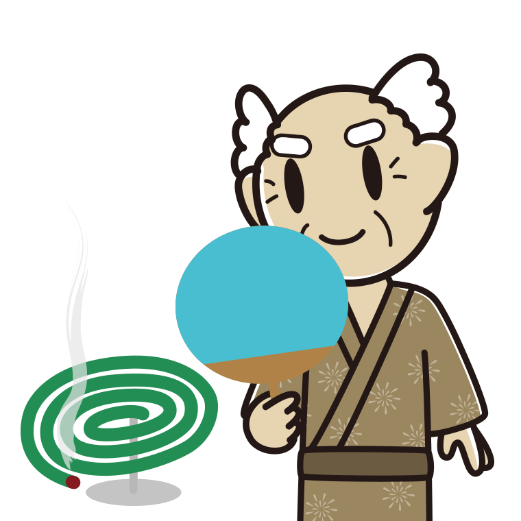 蚊取り線香を使うおじいさんのイラスト【色あり、背景なし】透過PNG