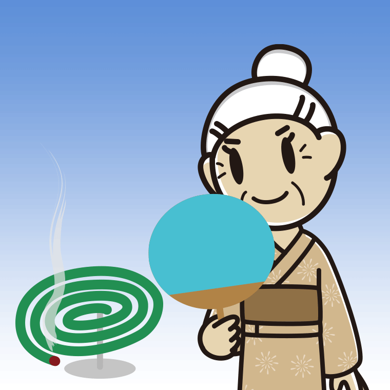 蚊取り線香を使うおばあさんのイラスト【色、背景あり】PNG