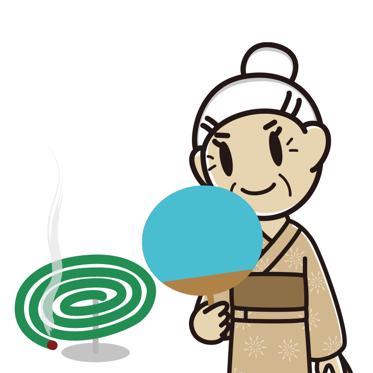 蚊取り線香を使うおばあさんのイラスト【色あり、背景なし】透過PNG