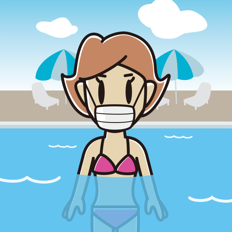 プールに入ってマスクをする女性のイラスト【色、背景あり】PNG
