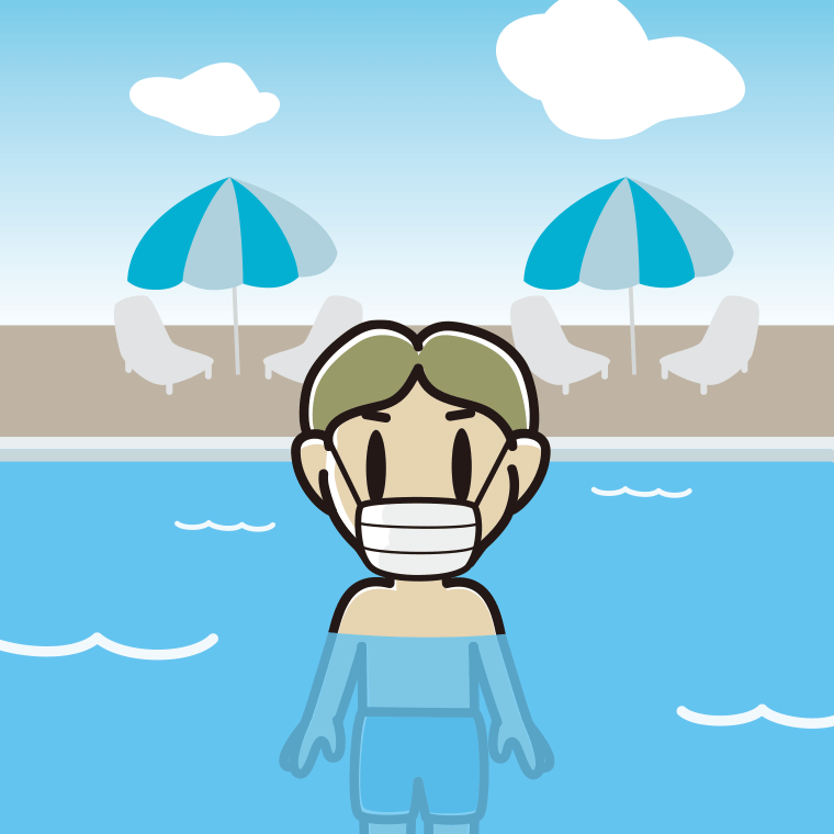 プールに入ってマスクをする小学生男子のイラスト【色、背景あり】PNG