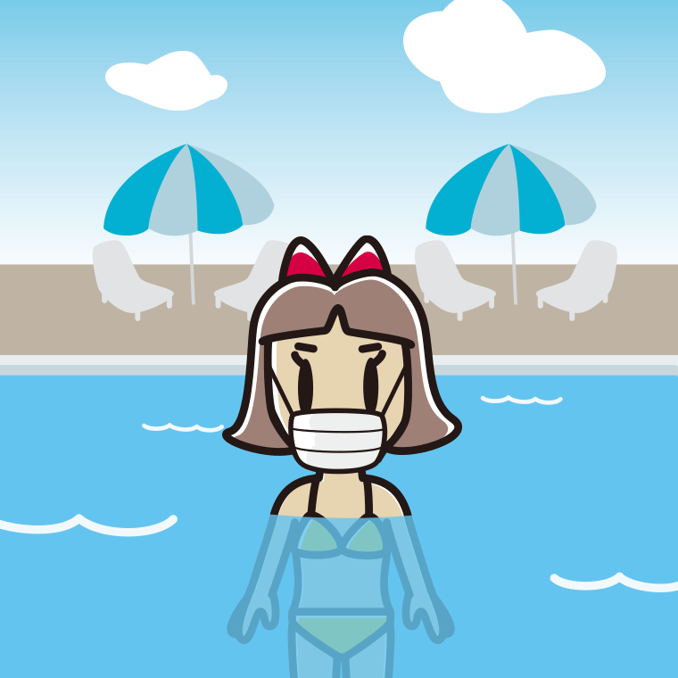プールに入ってマスクをする小学生女子のイラスト【色、背景あり】PNG