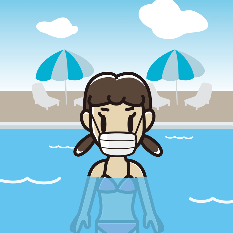 プールに入ってマスクをする女子中学生のイラスト【色、背景あり】PNG