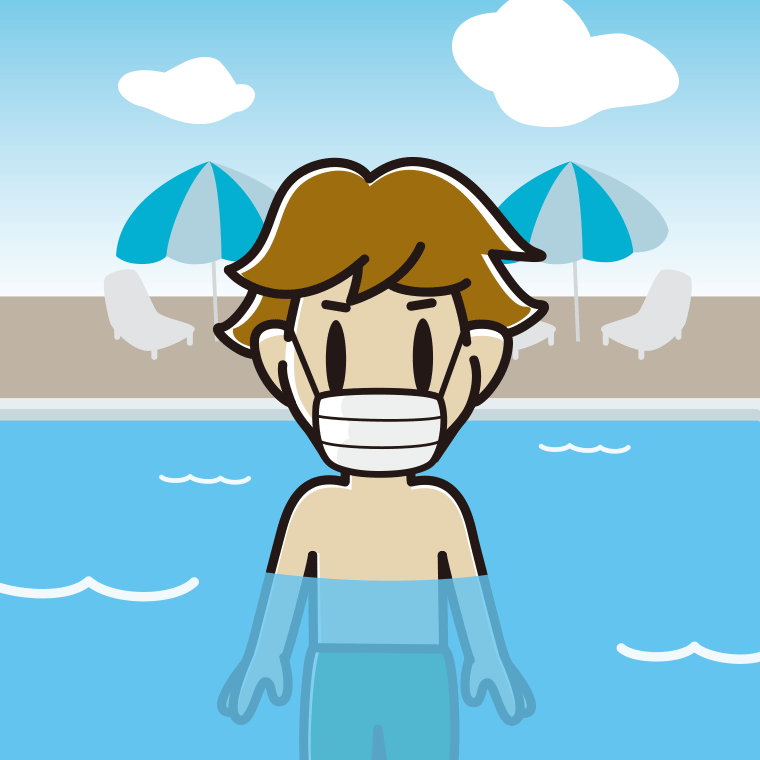 プールに入ってマスクをする男子高校生のイラスト【色、背景あり】PNG