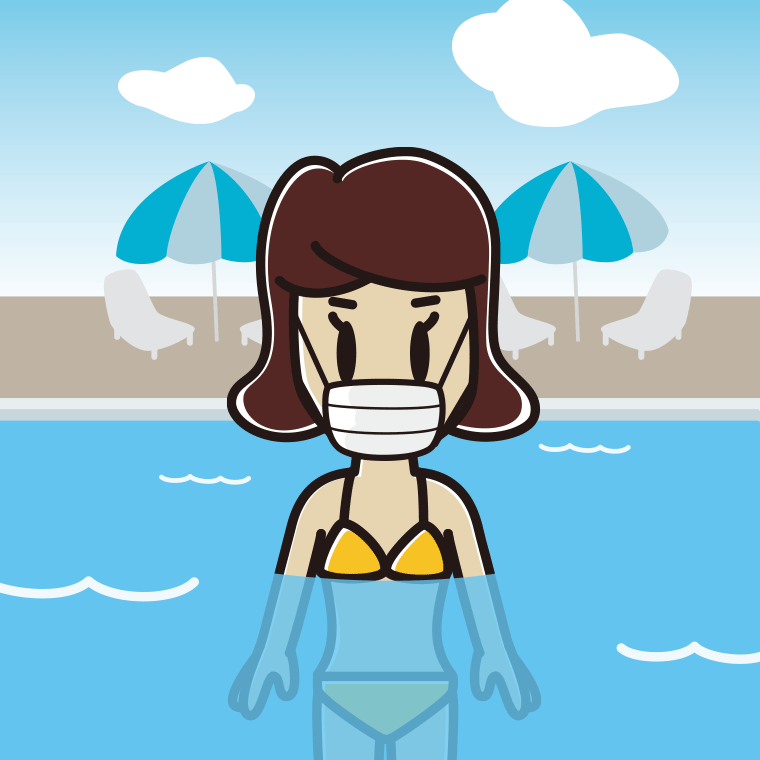 プールに入ってマスクをする女子高校生のイラスト【色、背景あり】PNG