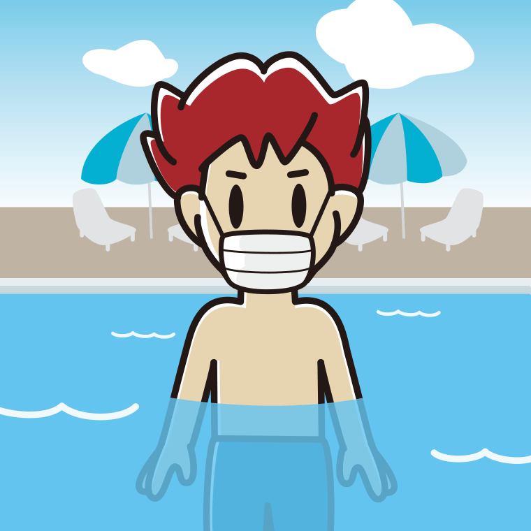 プールに入ってマスクをする男子大学生のイラスト【色、背景あり】PNG