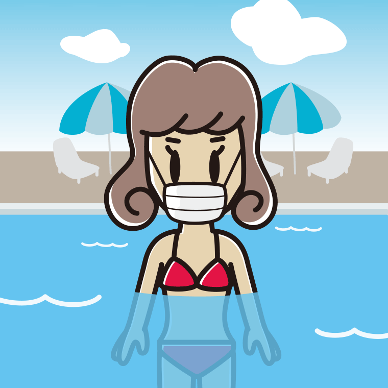 プールに入ってマスクをする女子大学生のイラスト【色、背景あり】PNG