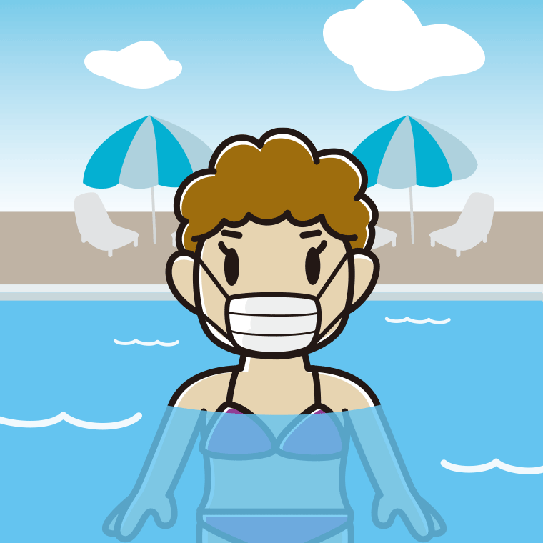 プールに入ってマスクをするおばさんのイラスト【色、背景あり】PNG