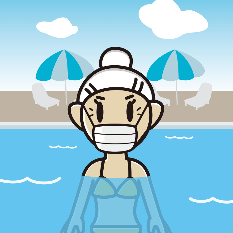 プールに入ってマスクをするおばあさんのイラスト【色、背景あり】PNG