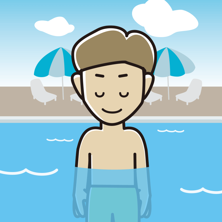 プールに入ってお辞儀する男性のイラスト【色、背景あり】PNG
