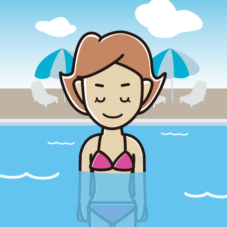 プールに入ってお辞儀する女性のイラスト【色、背景あり】PNG