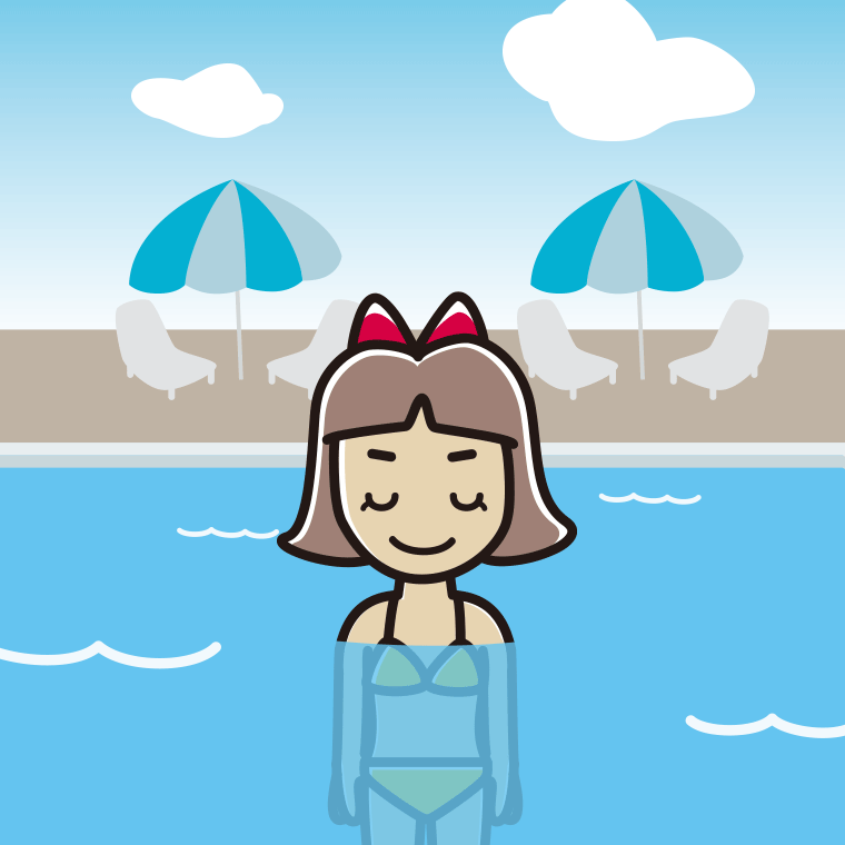 プールに入ってお辞儀する小学生女子のイラスト【色、背景あり】PNG