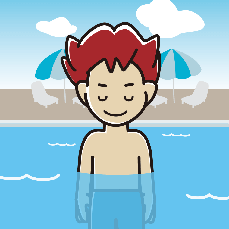 プールに入ってお辞儀する男子大学生のイラスト【色、背景あり】PNG