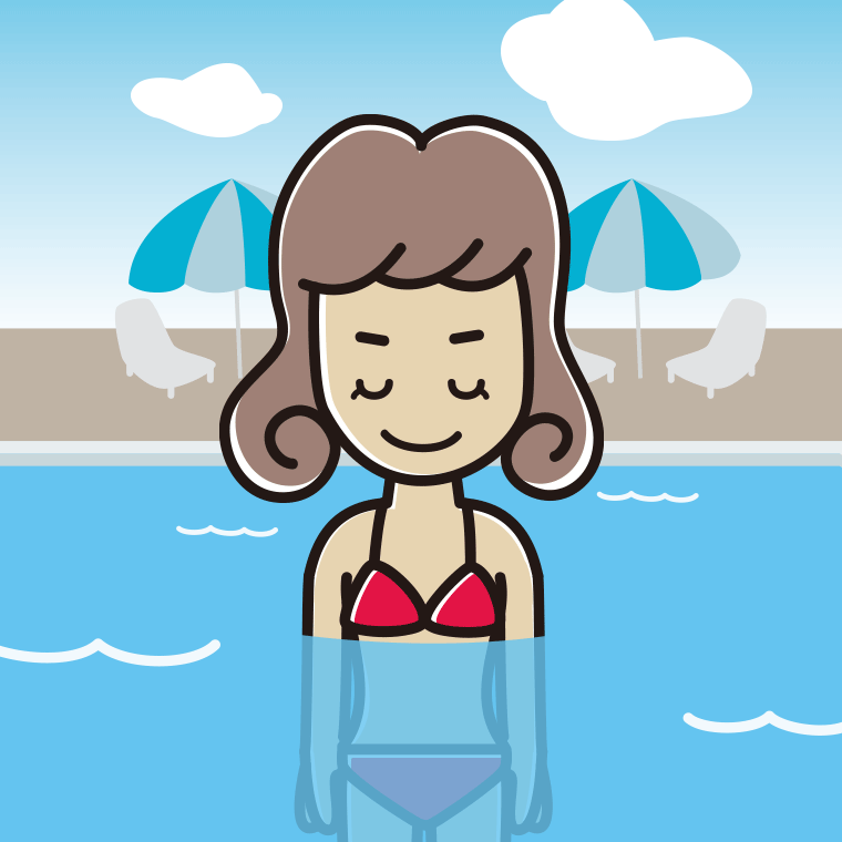 プールに入ってお辞儀する女子大学生のイラスト【色、背景あり】PNG