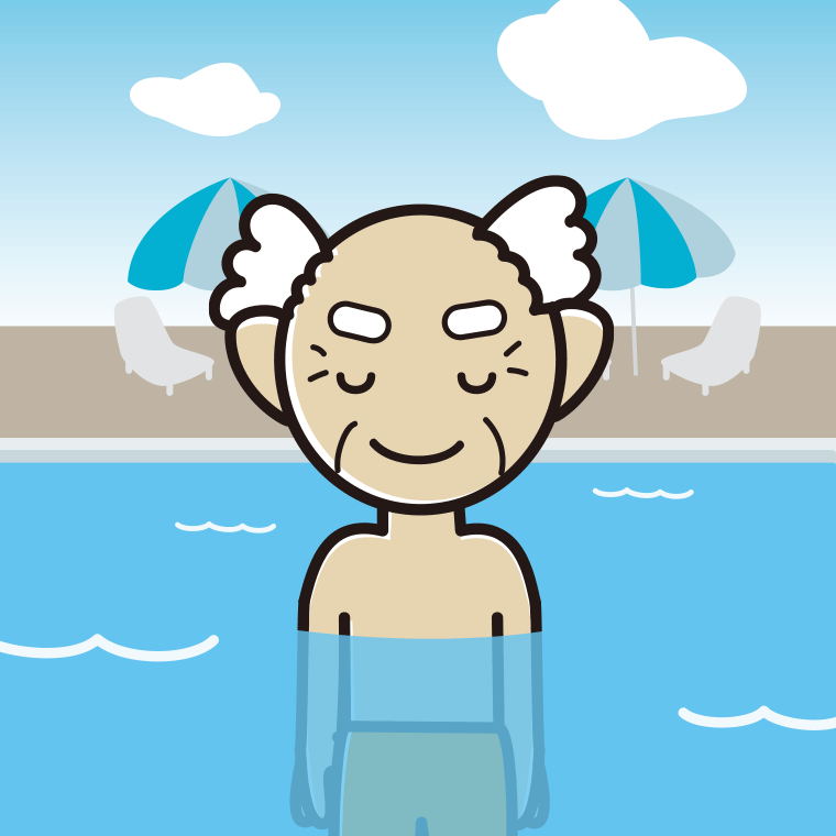 プールに入ってお辞儀するおじいさんのイラスト【色、背景あり】PNG