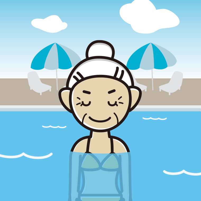 プールに入ってお辞儀するおばあさんのイラスト【色、背景あり】PNG