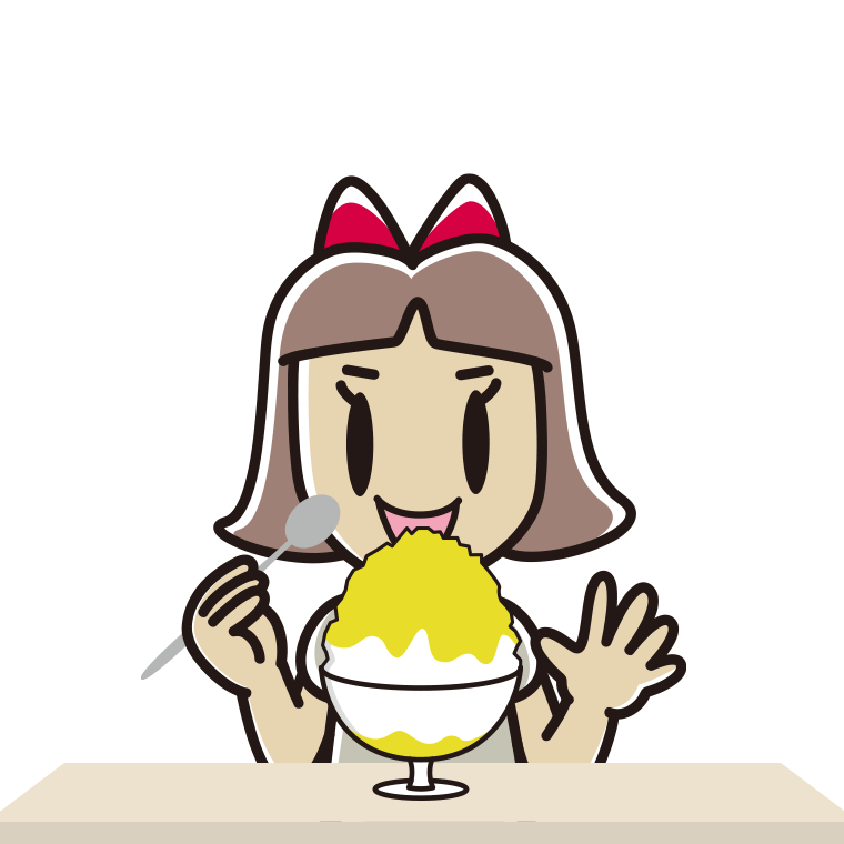 かき氷を食べる小学生女子のイラスト【色あり、背景なし】透過PNG
