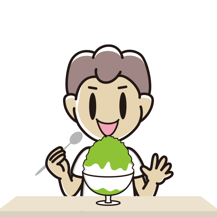 かき氷を食べる男子中学生のイラスト【色あり、背景なし】透過PNG