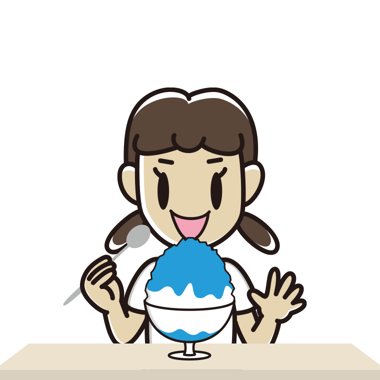 かき氷を食べる女子中学生のイラスト【色あり、背景なし】透過PNG