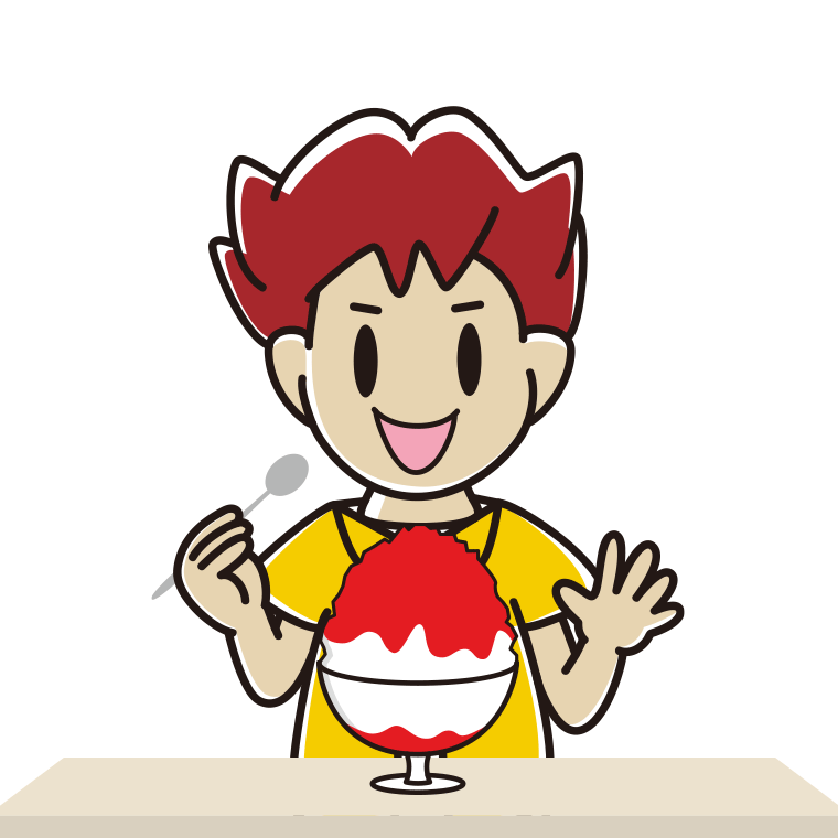 かき氷を食べる男子大学生のイラスト【色あり、背景なし】透過PNG