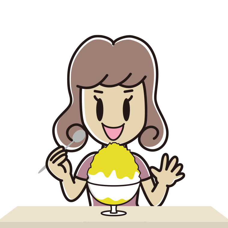 かき氷を食べる女子大学生のイラスト【色あり、背景なし】透過PNG