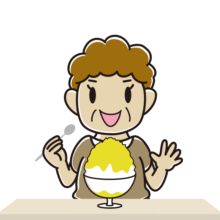 かき氷を食べるおばさんのイラスト【色あり、背景なし】透過PNG