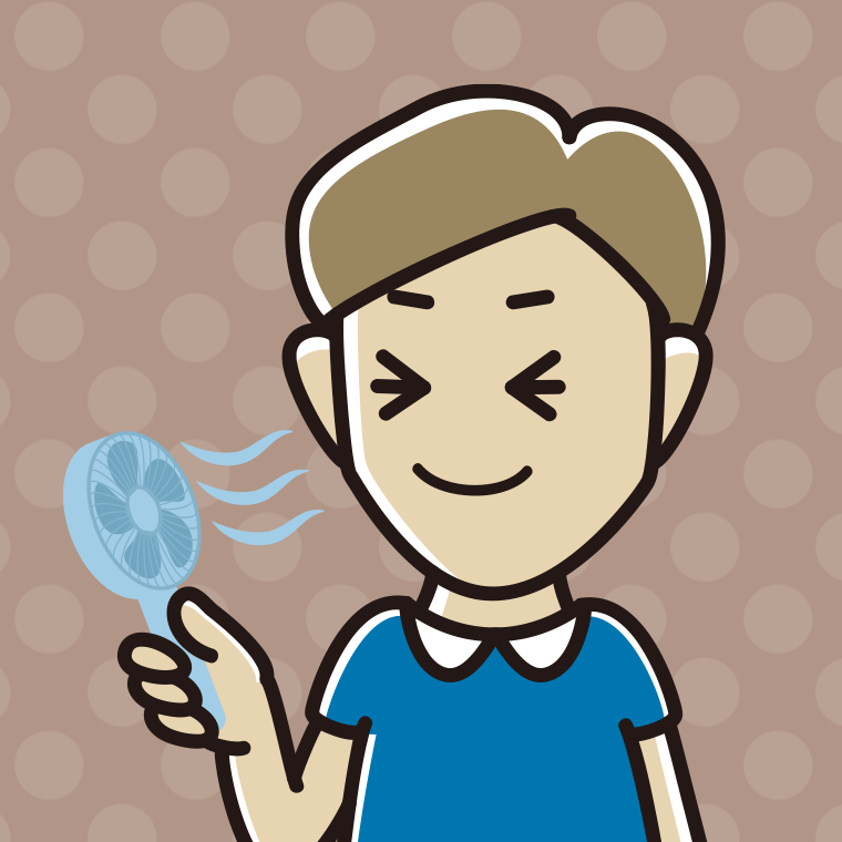 ハンディファンを使う男性のイラスト【色、背景あり】PNG