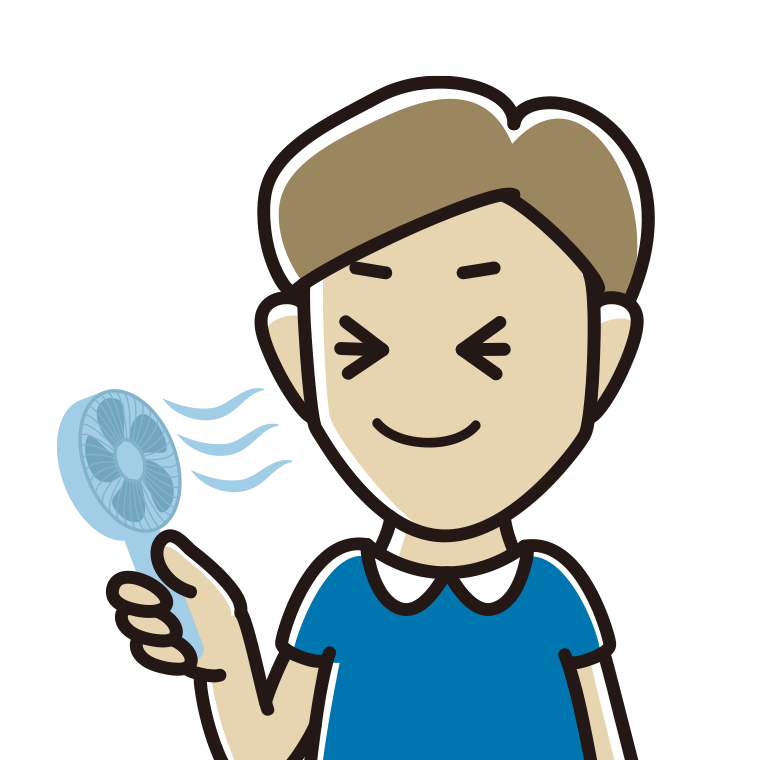 ハンディファンを使う男性のイラスト【色あり、背景なし】透過PNG