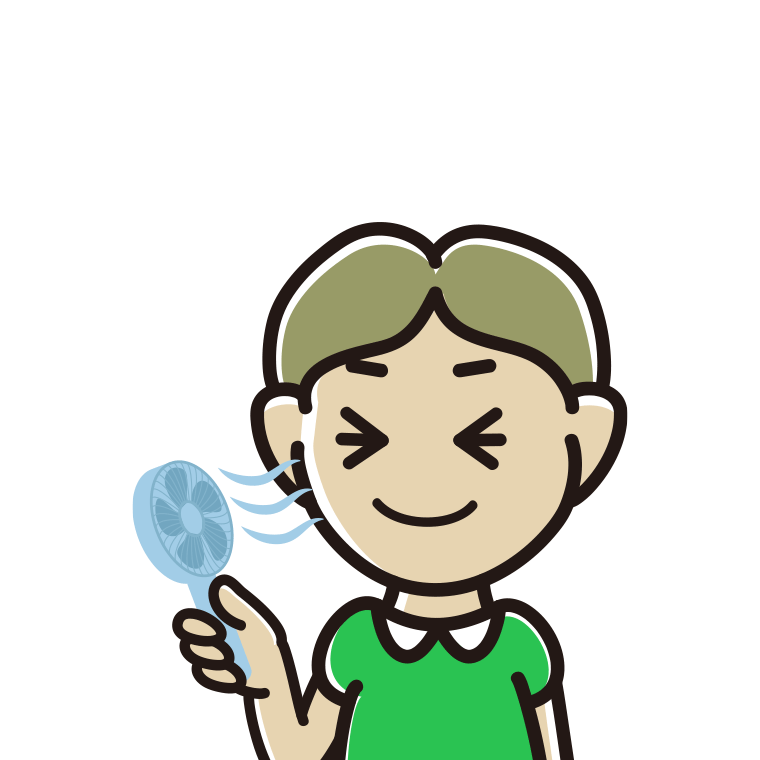 ハンディファンを使う小学生男子のイラスト【色あり、背景なし】透過PNG