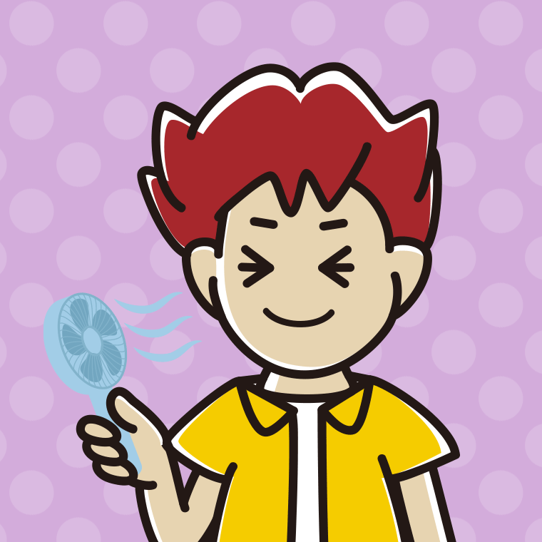ハンディファンを使う男子大学生のイラスト【色、背景あり】PNG