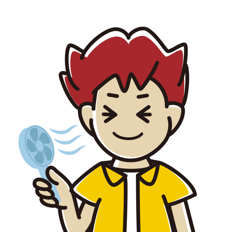 ハンディファンを使う男子大学生のイラスト【色あり、背景なし】透過PNG