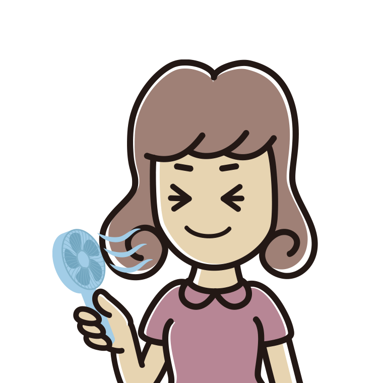 ハンディファンを使う女子大学生のイラスト【色あり、背景なし】透過PNG