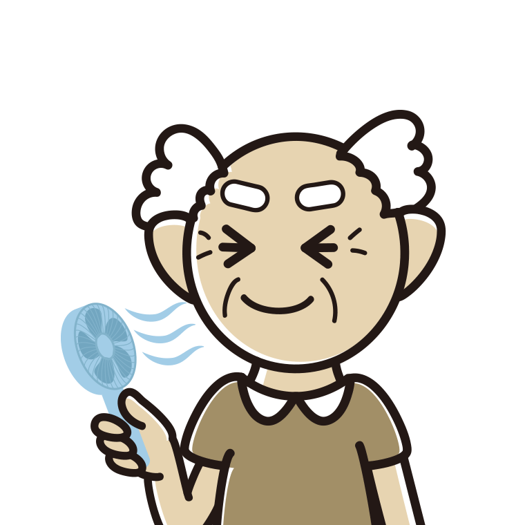 ハンディファンを使うおじいさんのイラスト【色あり、背景なし】透過PNG