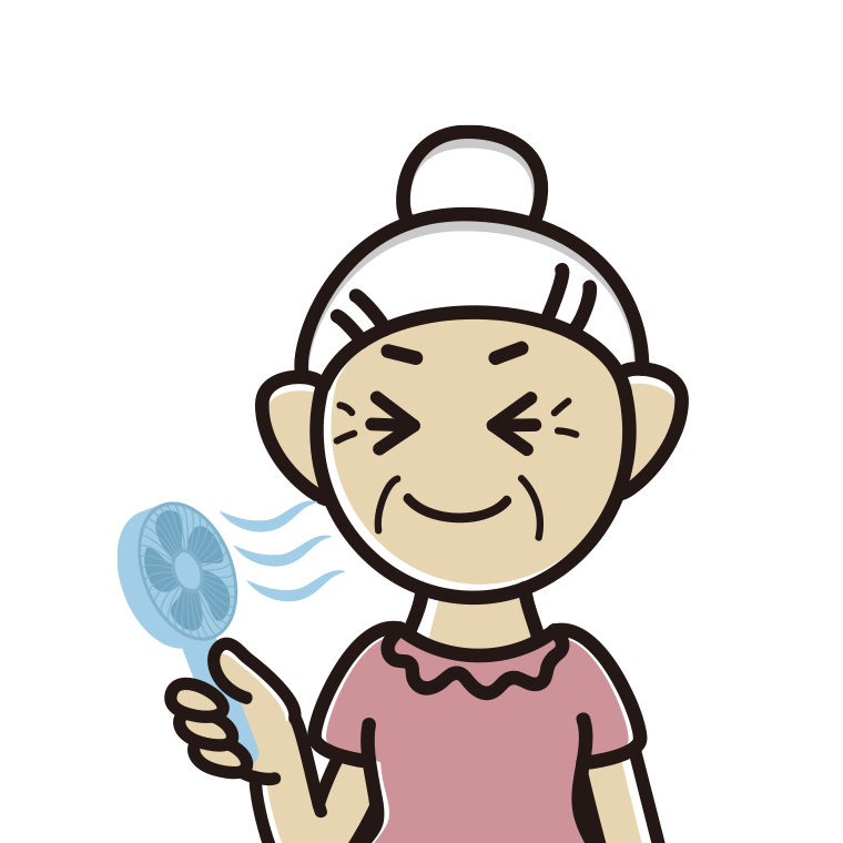 ハンディファンを使うおばあさんのイラスト【色あり、背景なし】透過PNG