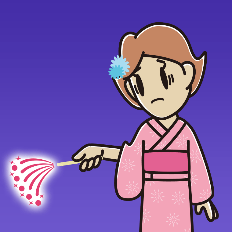 花火で困る女性のイラスト【色、背景あり】PNG
