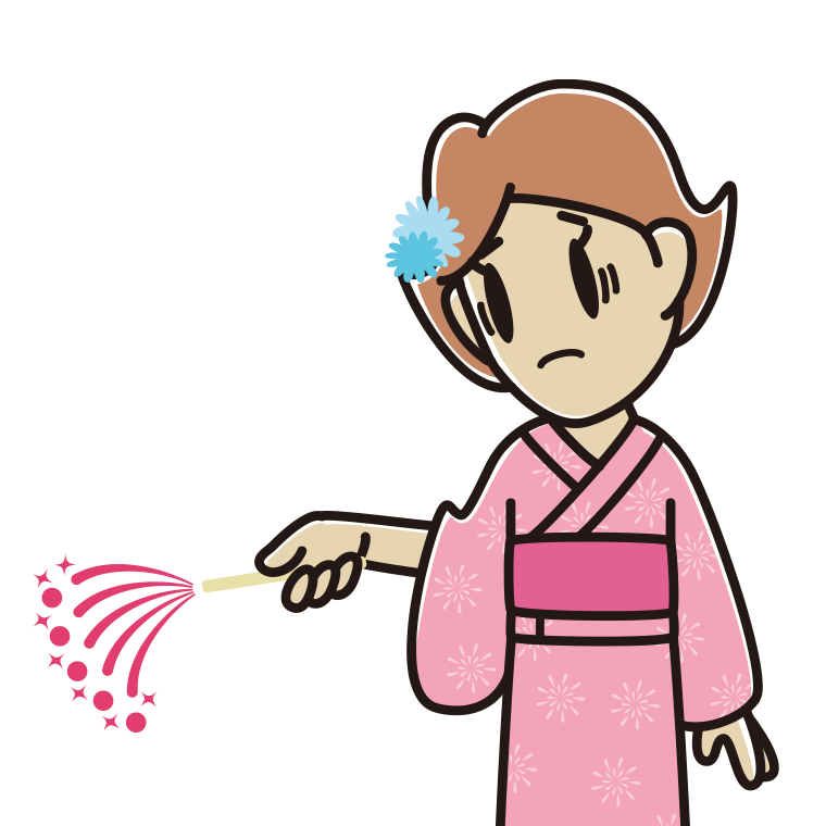 花火で困る女性のイラスト【色あり、背景なし】透過PNG