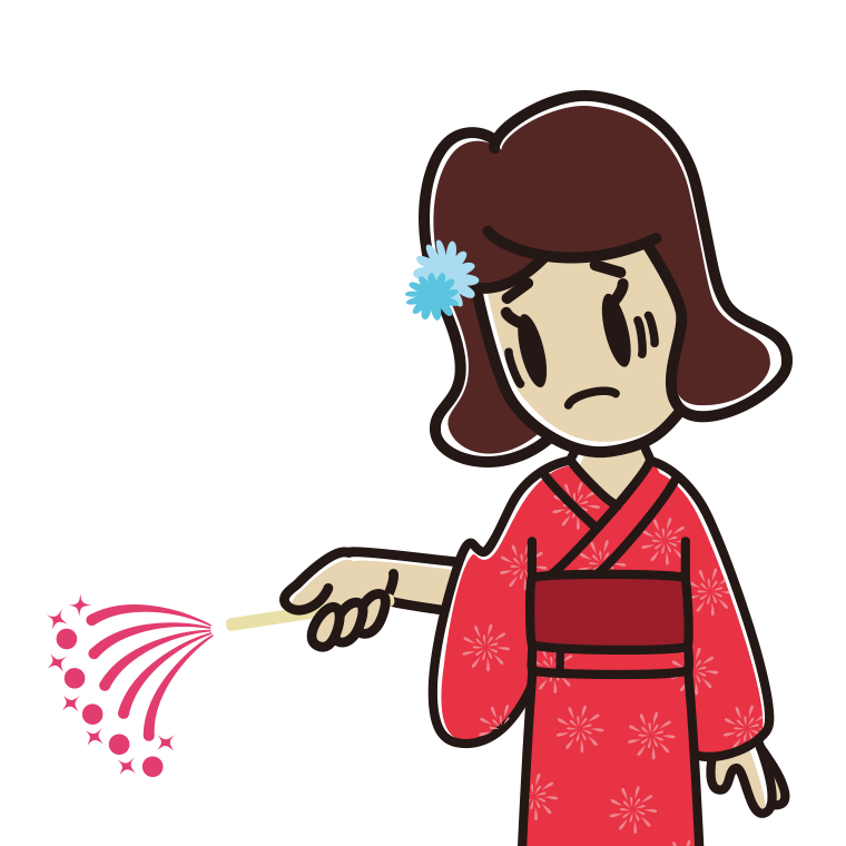 花火で困る女子高校生のイラスト【色あり、背景なし】透過PNG