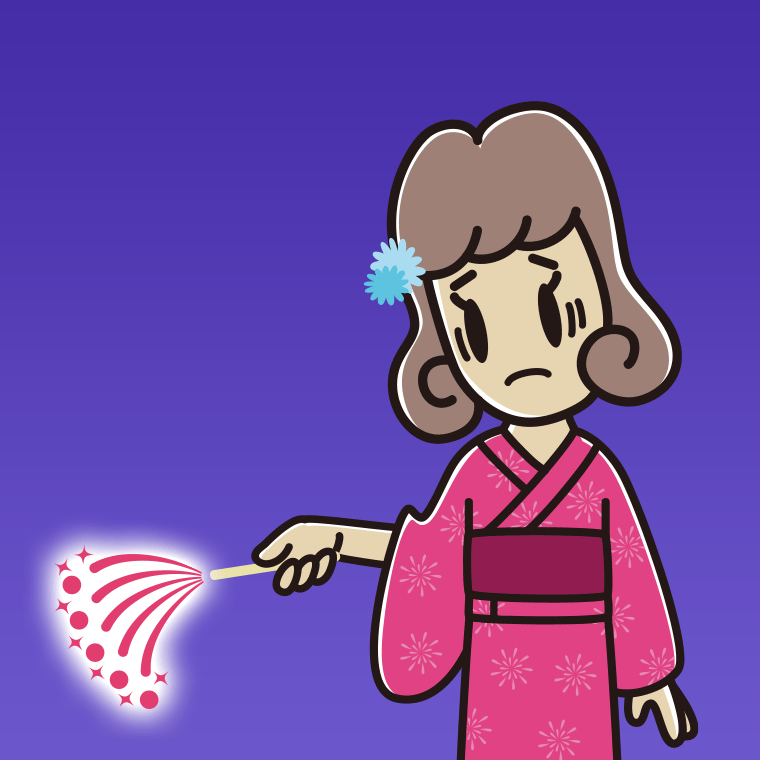 花火で困る女子大学生のイラスト【色、背景あり】PNG