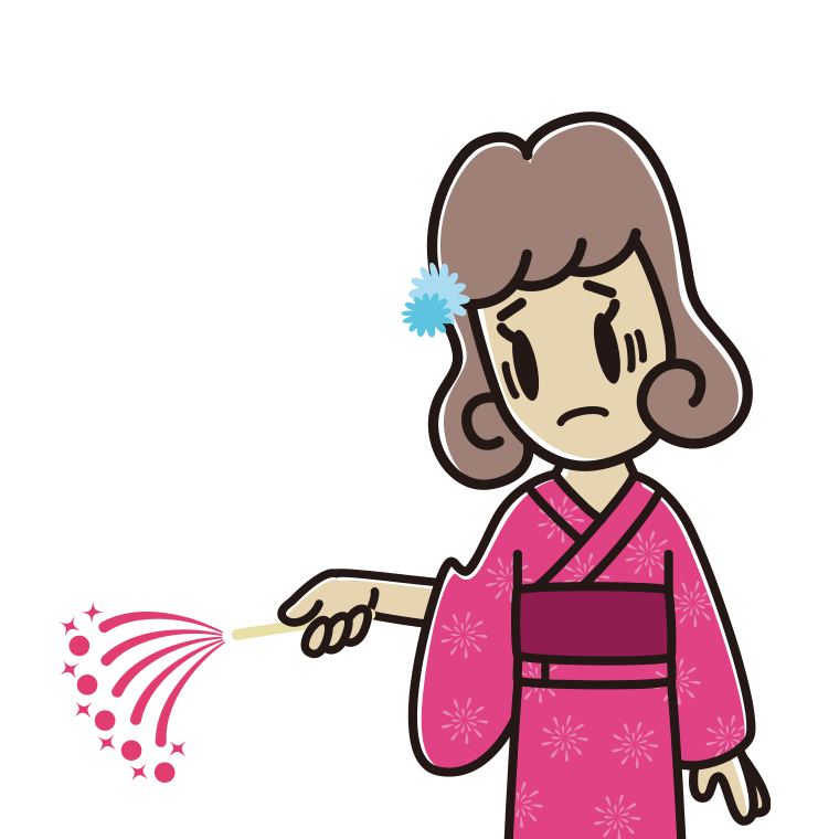 花火で困る女子大学生のイラスト【色あり、背景なし】透過PNG